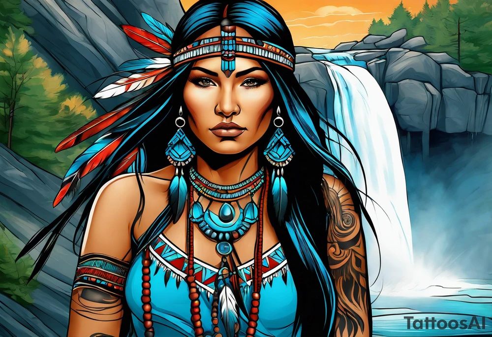 A native American Indian woman by a waterfall she is Aquarius water barrer she has tattoos and her eyes can see right through you tattoo idea