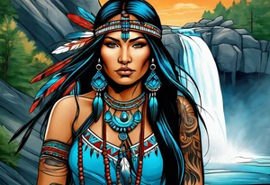 A native American Indian woman by a waterfall she is Aquarius water barrer she has tattoos and her eyes can see right through you tattoo idea