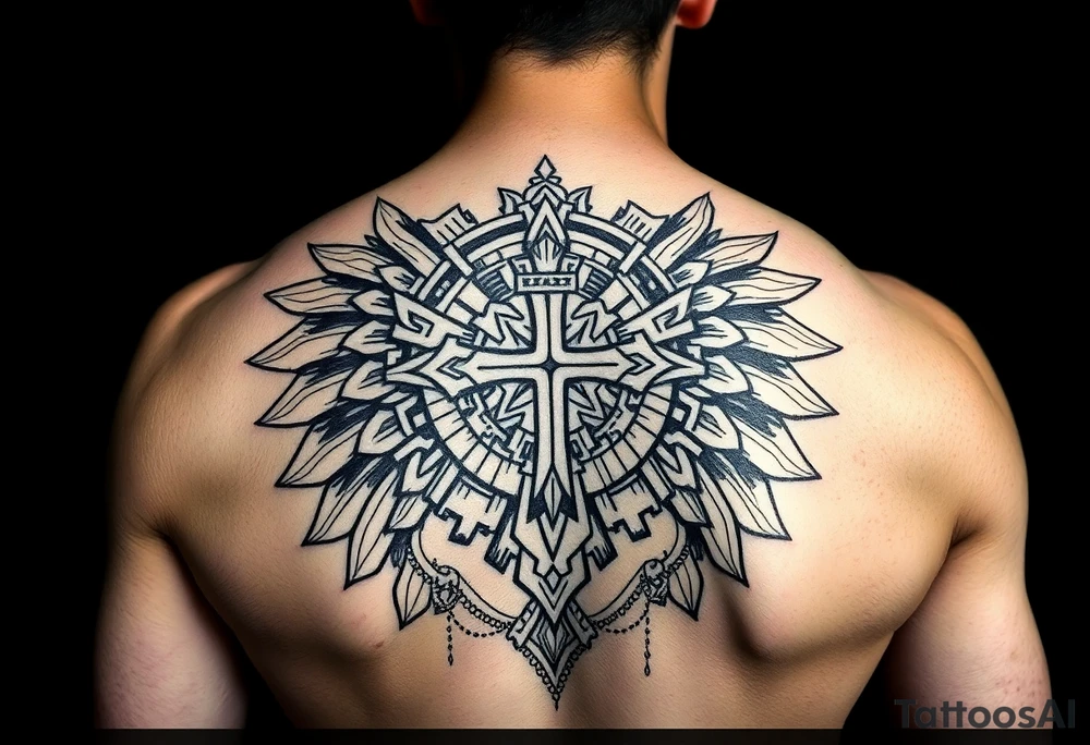 help me brainstorm some ideas and or concepts for a tattoo. I want to incorporate my Mexican culture, especially my Aztec roots, as well as my Christian faith. I want it to look like I’m wearing Aztec armor tattoo idea