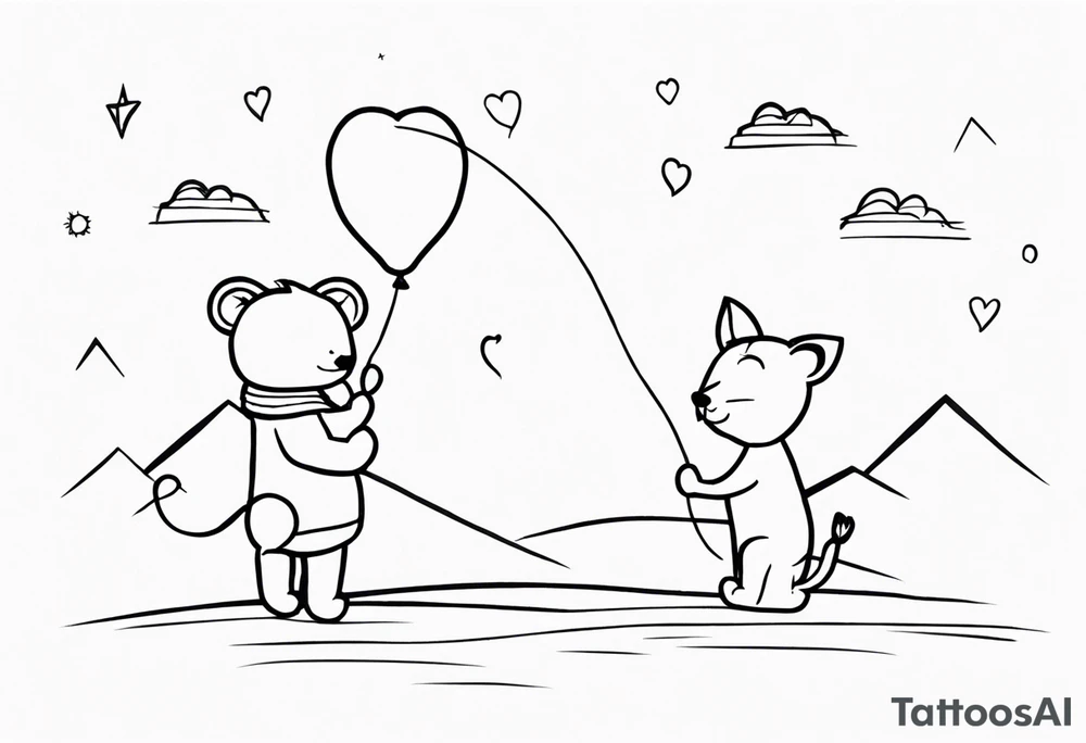 tatoo in sketch style only.
A little lion boy is holding a string to the hearth shaped small party baloon.
lion boy should be drawed from behind and has one hand reaching up in 45 degree angle and holding the baloon string
On the string is a wave which look like a hearbeat pulse.
draw it without any scenery, without any background. Just a boy 
Add heartbeat pulse on the string tattoo idea