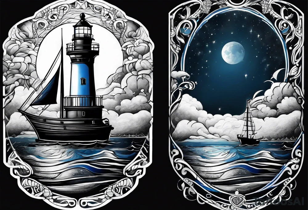 bateau, phare maritime et lune bleu tattoo idea