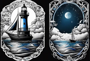 bateau, phare maritime et lune bleu tattoo idea