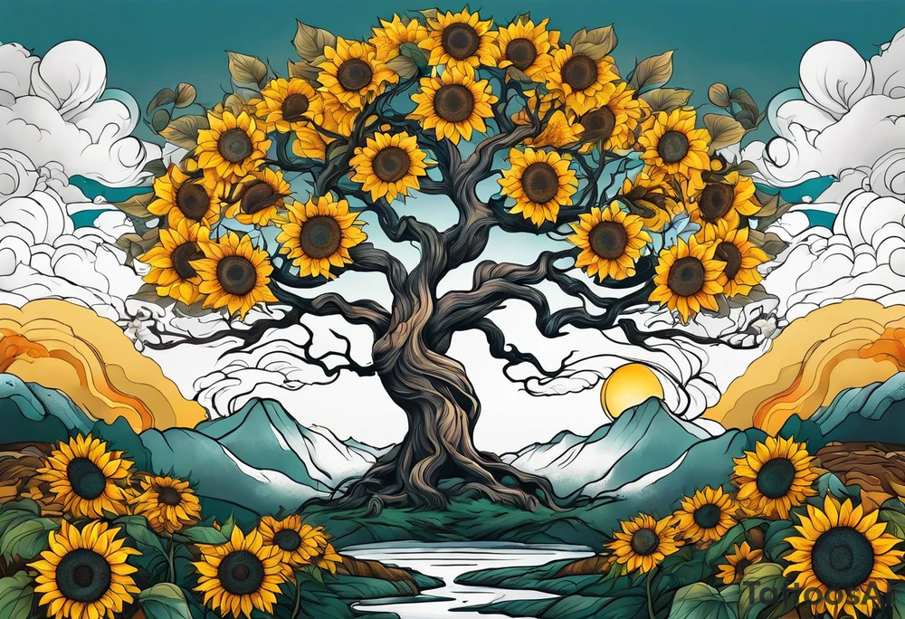 Yggdrasil tree, horse in front of it, and sunflowers tattoo idea