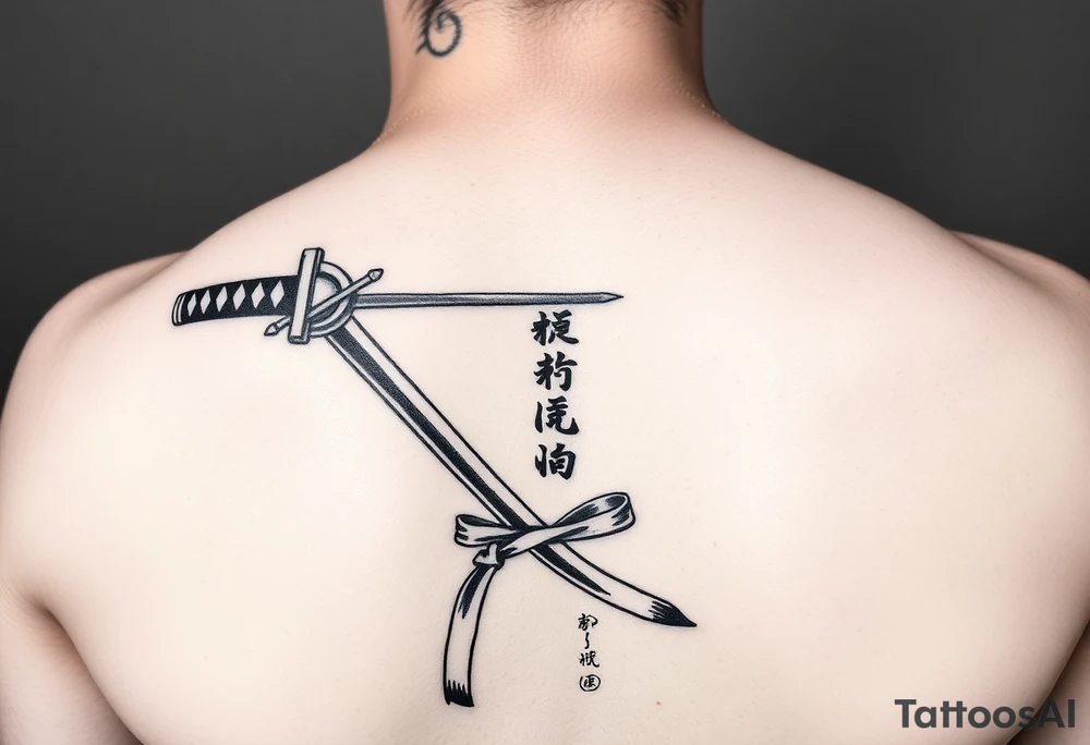 Katana with a black belt and fabled written in korean on the inside of the forearm tattoo idea