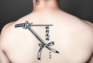 Katana with a black belt and fabled written in korean on the inside of the forearm tattoo idea