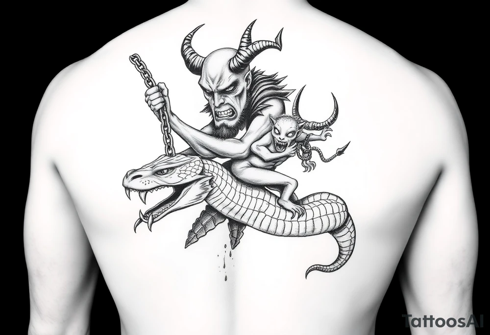 An giant ugly demonic man  holding a chain with a snake and something with devils horns ridding the snake both being slaves the snake has a wide shaped cobra head with goat horns and  a mouth full of sharp teeth and long fangs like a saber tooth tiger with the demonic guy riding on the back of snake tattoo idea