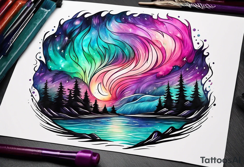 Pink purple teal Bonfire flames turning into northern lights tattoo idea