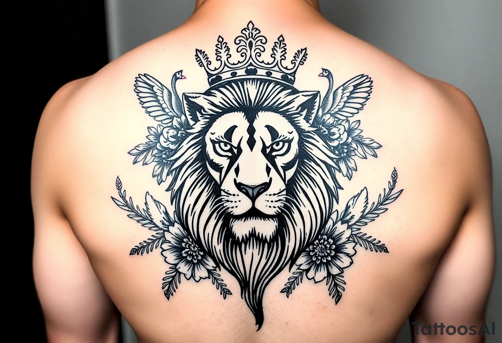 powerful majestic lion with a crown, surrounded by floral ornaments and birds tattoo idea