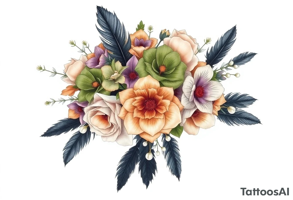 A wedding bouquet of olive green , lavender , rose gold and cream flowers surrounded by black feathers as the wrapping with one single pearl along the spine of each feather tattoo idea