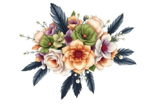 A wedding bouquet of olive green , lavender , rose gold and cream flowers surrounded by black feathers as the wrapping with one single pearl along the spine of each feather tattoo idea