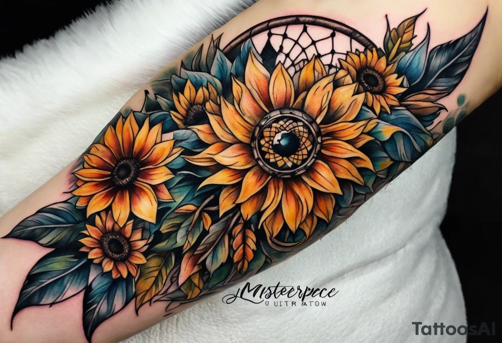 Dreamcatcher and sunflowers forearm sleeve tattoo idea