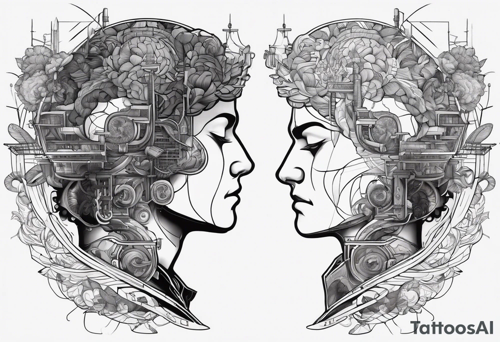 a modular mechanical design where the brain would be in a diagram of the dissected male human head connected or reflected by an abstract lines based image of a ship on fire tattoo idea