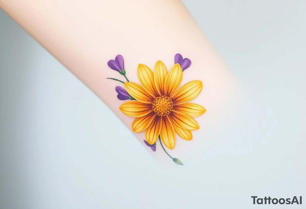 Yellow daisy flower with Purple Hearts tattoo idea