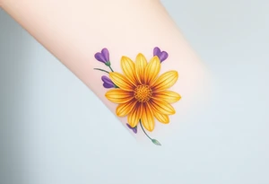 Yellow daisy flower with Purple Hearts tattoo idea