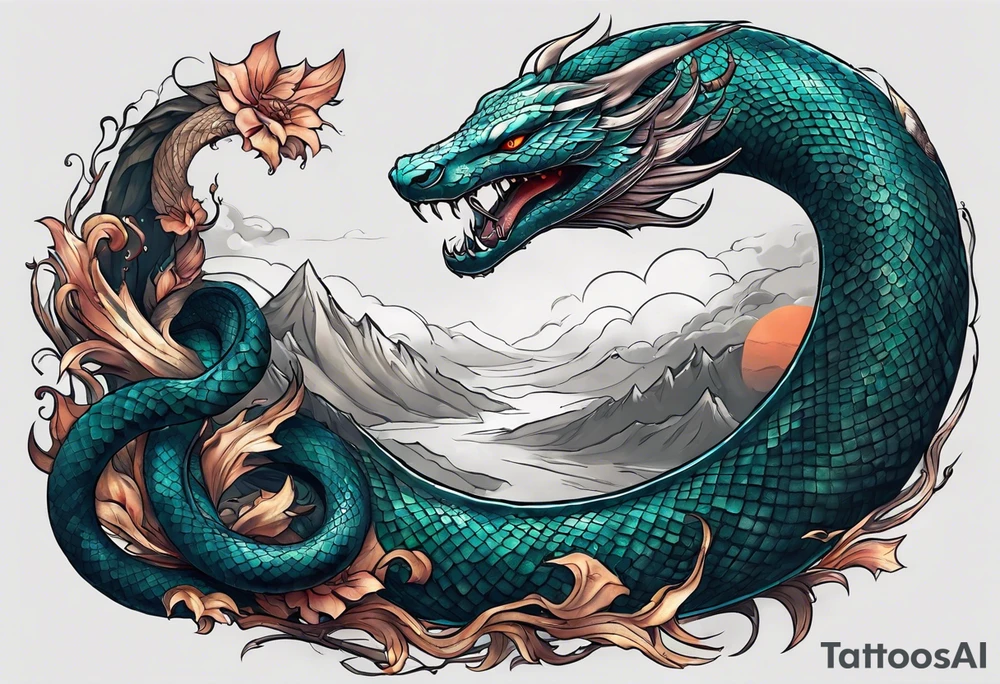 a Sleeve tattoo of Jörmungandr, the giant snake from god of war the game going from shoulder to bicep tattoo idea