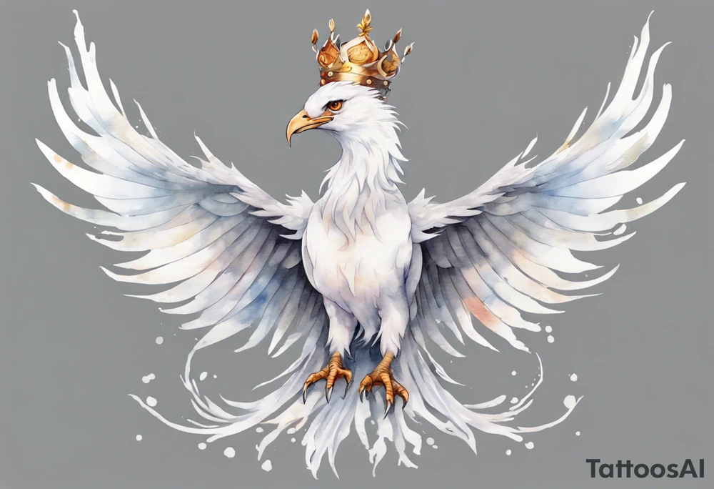 a solitary white phoenix wearing a grey crown tattoo idea