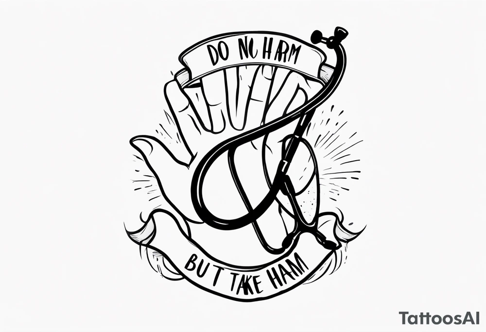 “Do no harm but take no shit” in calligraphy with middle finger and stethoscope for nurse tattoo idea