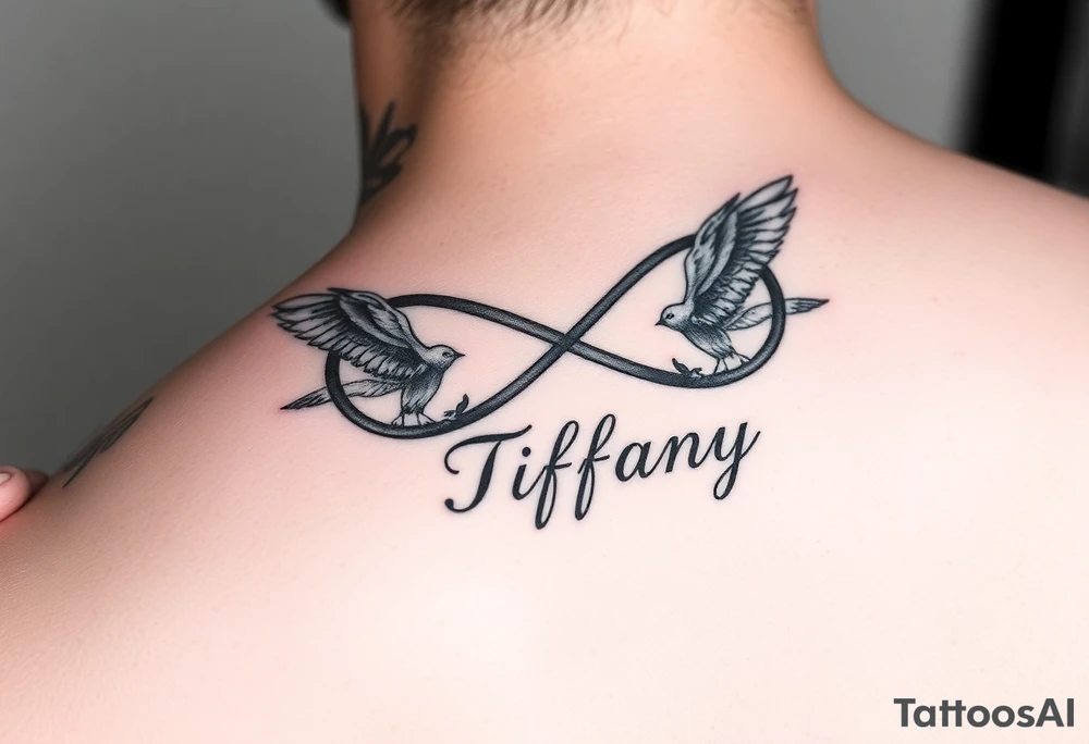Infinity symbol with birds and the name Tiffany tattoo idea