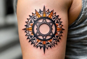 A cyclist’s chainring with the outer edges resembling a sunburst, using orange and yellow hues to create a radiant effect that captures the energy of a rider. tattoo idea