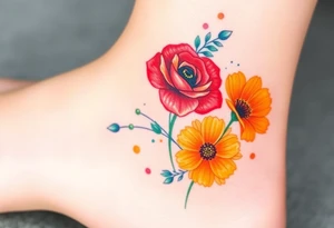 a colorful, vibrant, watercolor tattoo with one red rose, one orange lily, one gold marigold, and one orange cosmos flower and with splashes of color tattoo idea