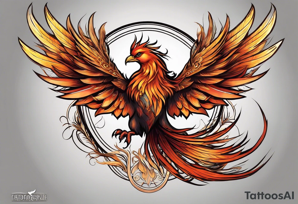 Tattoo: A powerful, majestic phoenix, depicted mid-flight or rising, with wings extended and feathers flowing. Deep shading and intricate details to bring out the texture and motion of the feathers. tattoo idea