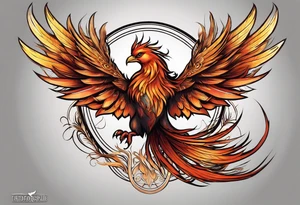 Tattoo: A powerful, majestic phoenix, depicted mid-flight or rising, with wings extended and feathers flowing. Deep shading and intricate details to bring out the texture and motion of the feathers. tattoo idea