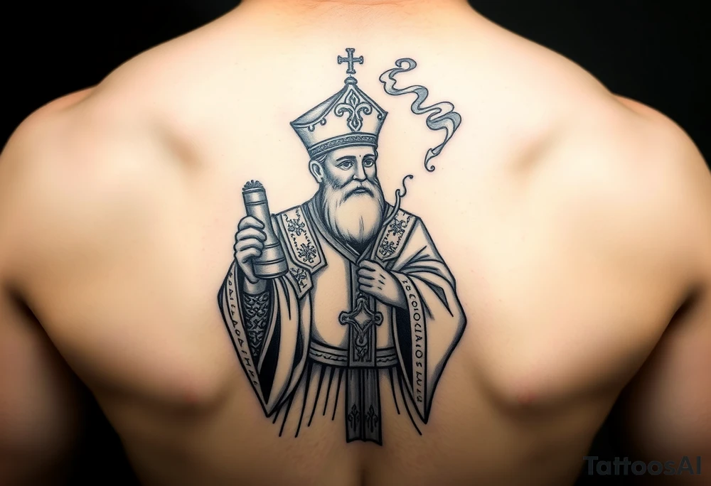 Russian Orthodox Priest in fully detailed vestment swinging a censer with smoke curling upward tattoo idea