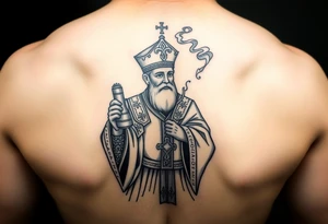 Russian Orthodox Priest in fully detailed vestment swinging a censer with smoke curling upward tattoo idea