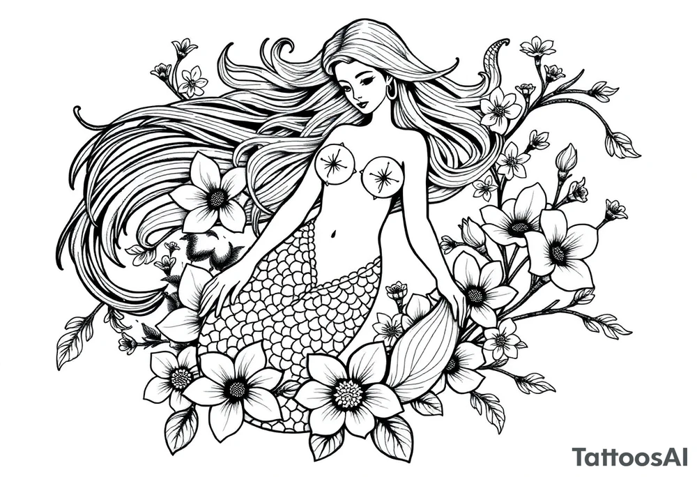ethereal mermaid with flowing hair among coral and sea flowers tattoo idea