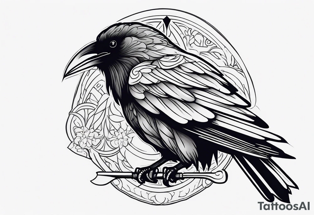 black raven with sword in mouth tattoo idea