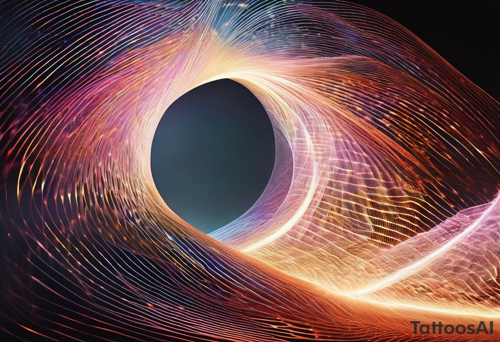 Imagine a sleek, luminescent ribbon—a blend of ethereal waves and subatomic particles—winding around your skin. The ribbon pulses with energy, its undulating peaks and troughs hinting at both wave and particle nature. Within this cosmic lattice, miniature quantum gates open and close, allowing glimpses into alternate realities. The circuitry lines intersect with the ribbon, bridging the quantum and cybernetic realms. tattoo idea