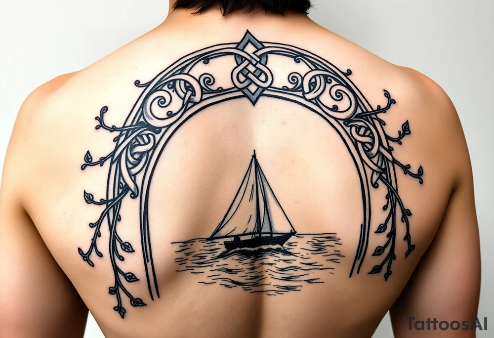 sleeve tattoo.elven arch decoration, intricate designs of celtic knots, vines and leaves twirling across arch, sea in the background with sailboat tattoo idea