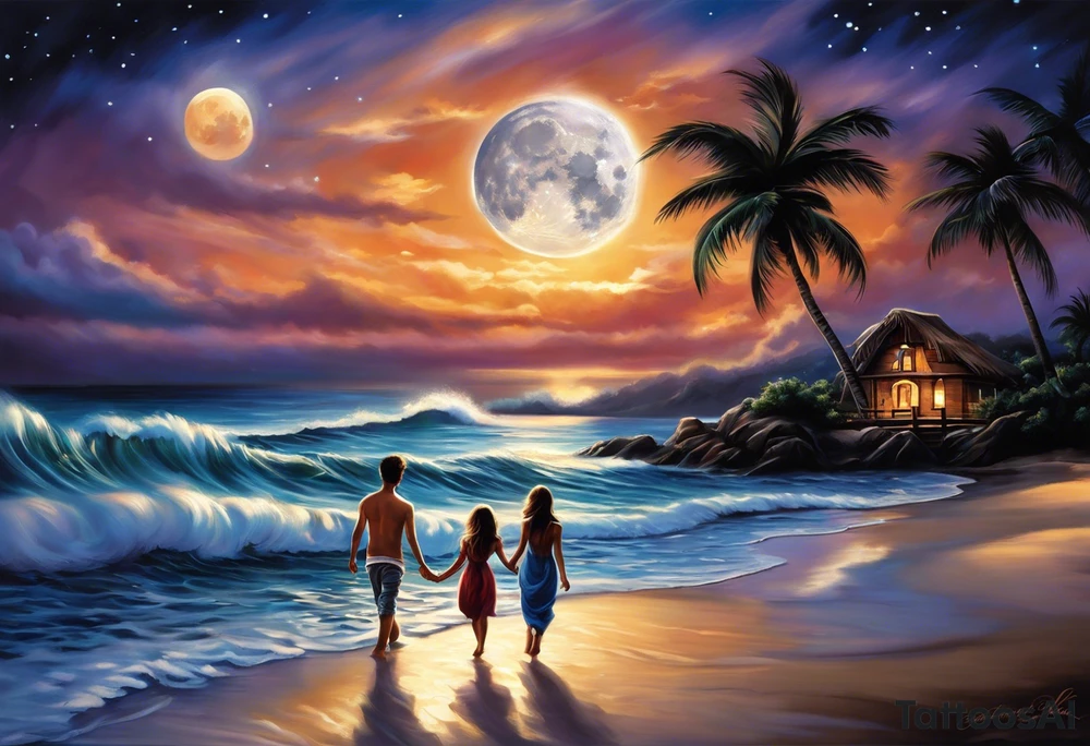 Create a stunning image of a realistic tattoo design that features a husband and wife holding hands, accompanied by their two children, walking along a beautiful beach. The moon shines radiantly in the night sky, illuminating the serene scene. Let your creativity flourish as you envision the intricate details that bring this tattoo to life, encapsulating the essence of love, family, and the awe-inspiring beauty of nature. tattoo idea