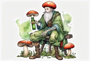 a mushroom with a mossy beard wearing medieval clothes sitting on a stool drinking from a bottle tattoo idea