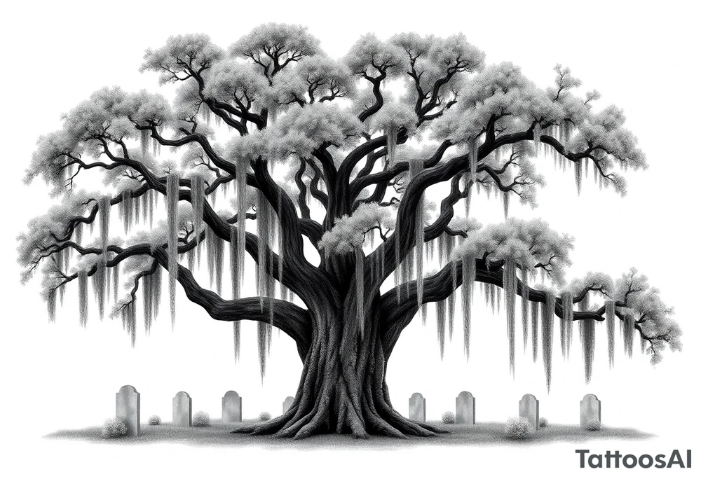 Laurel oak with Spanish moss in a cemetery tattoo idea