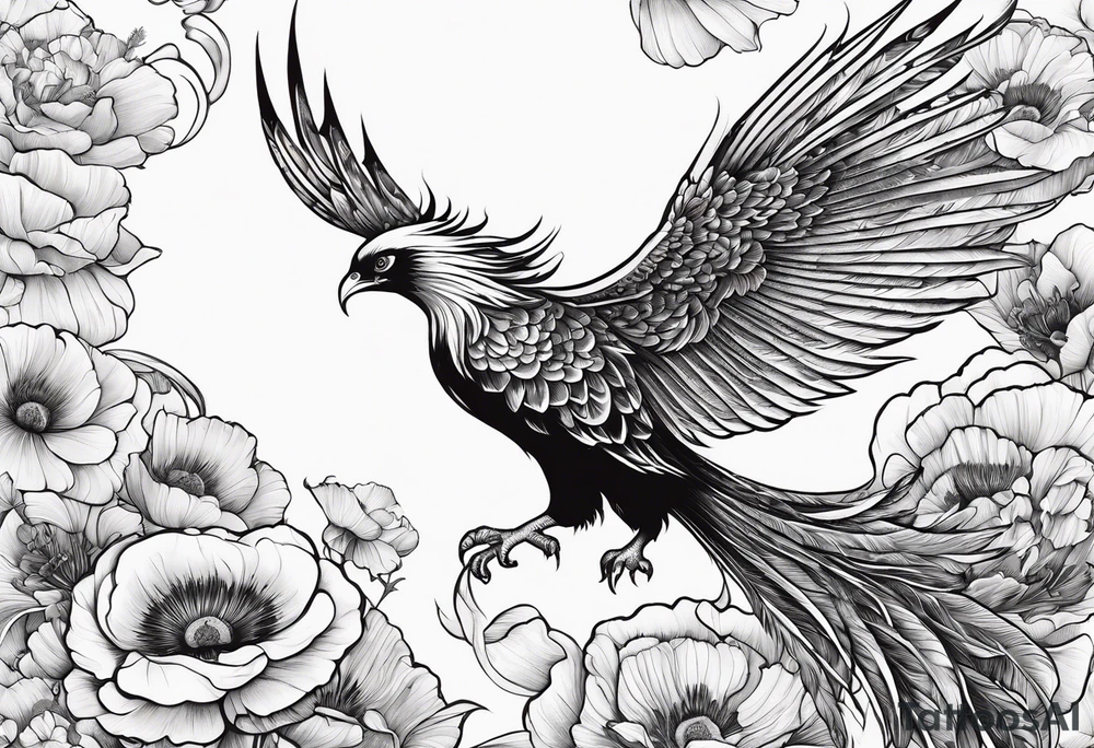 elongated phoenix in flight 
in profile long tail with claws holding poppies falling tattoo idea