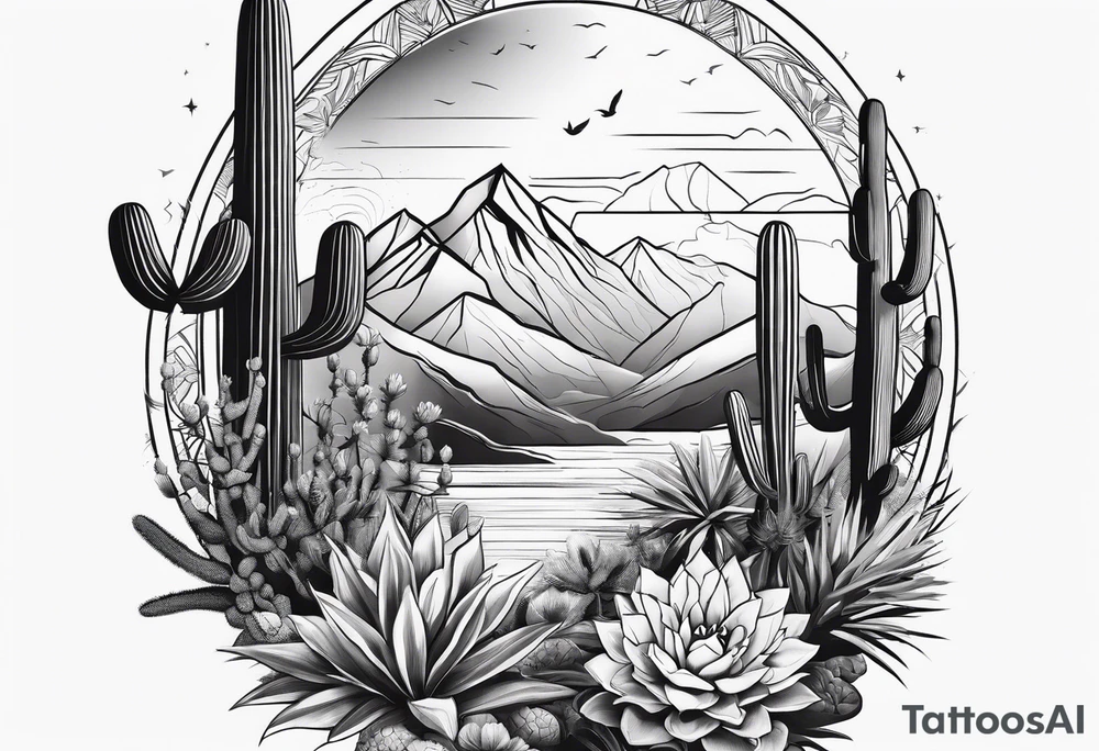 Mountains,  cactus, bird, forearm tattoo idea