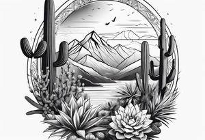 Mountains,  cactus, bird, forearm tattoo idea