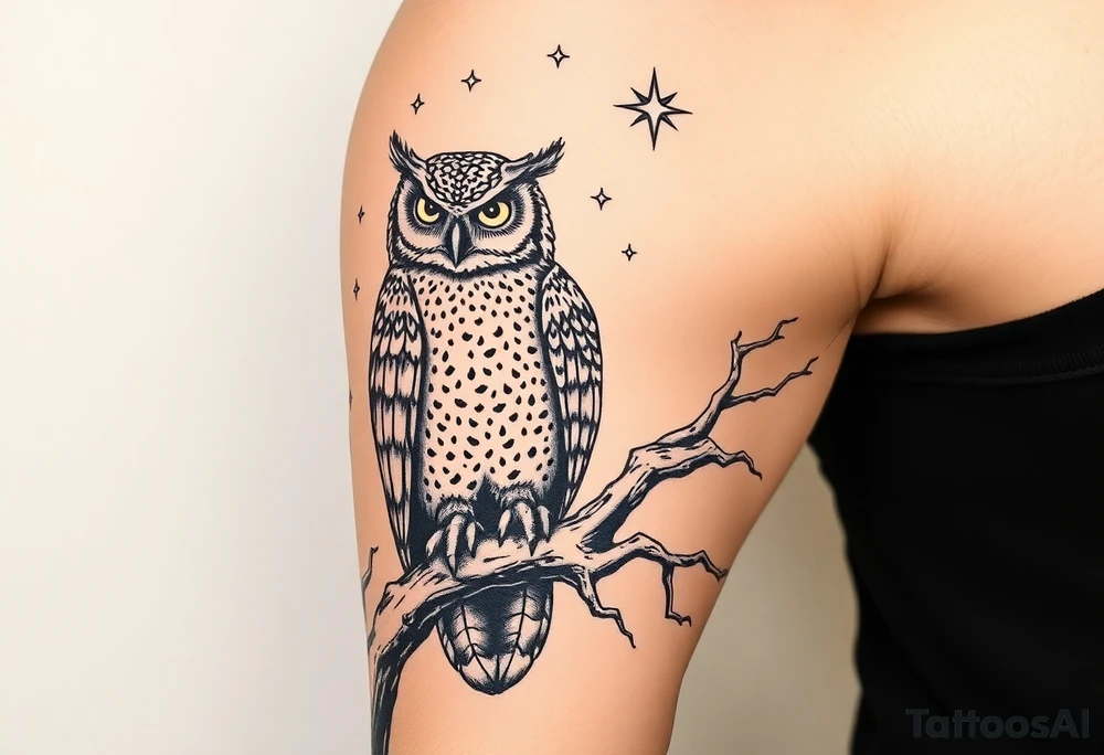 wise owl perched on ancient oak branch under starlit sky tattoo idea