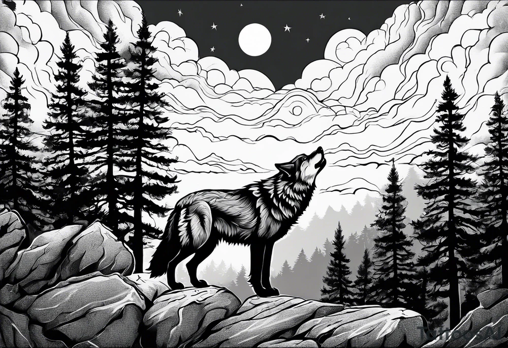 Wolf on top of a rock howling at the full moon, surrounded by trees tattoo idea