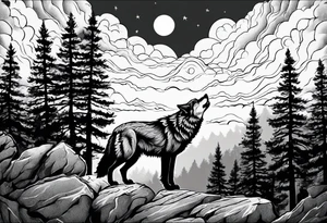 Wolf on top of a rock howling at the full moon, surrounded by trees tattoo idea