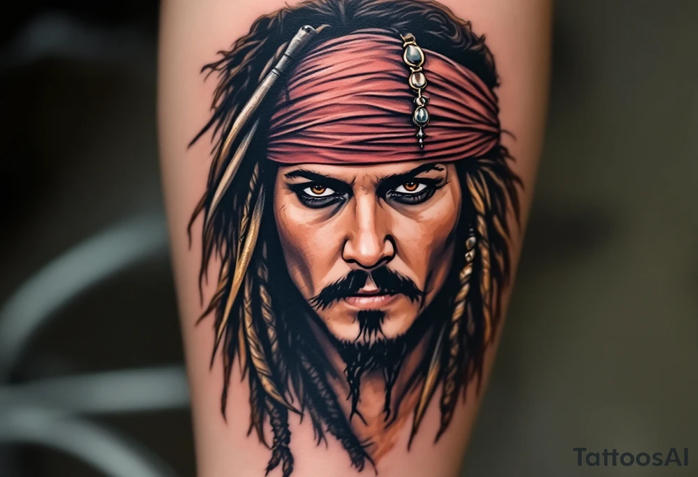 A dramatic portrait of Jack Sparrow with his signature wild hair and beaded braids. His face is full of personality, with his dark brown eyes and iconic mustache, all framed by a shadowy ocean background. Deep brown for hair, black and gray for the details, tan for the skin, with subtle hints of sea green and golden highlights. tattoo idea