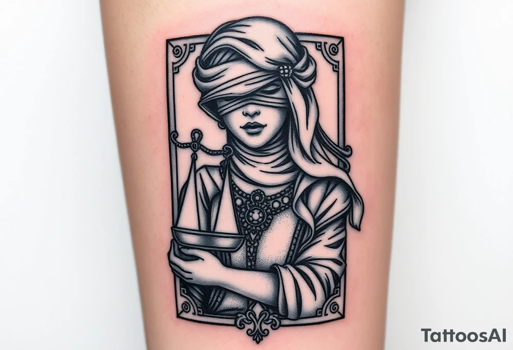 Fortuna's card as a beautiful woman with eyes covered with material, holds a scale in her hands. This character have to be in a card/frame tattoo idea