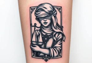 Fortuna's card as a beautiful woman with eyes covered with material, holds a scale in her hands. This character have to be in a card/frame tattoo idea