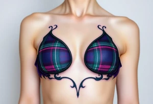 Breasts

Dark Purple with green pink blue and white highlights tartan fabric with skin around edges peeling and wrapping around side of shoulder tattoo idea