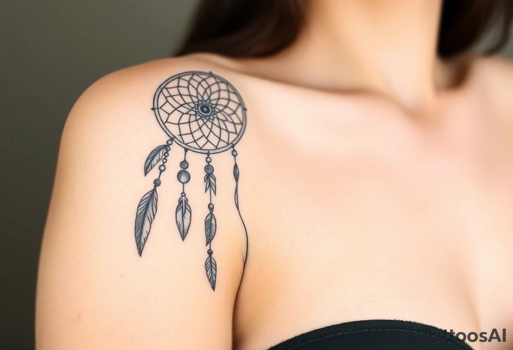 native dreamcatcher with flowing feathers and sacred beads tattoo idea