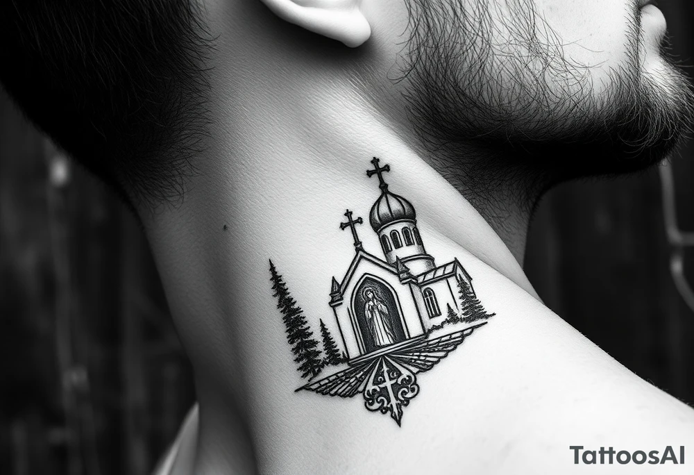 russian coat arms traditional christian orthodox cross with a virgin mary stood in the entrance of a russian orthodox dome church on the side of the neck in a wilderness setting tattoo idea