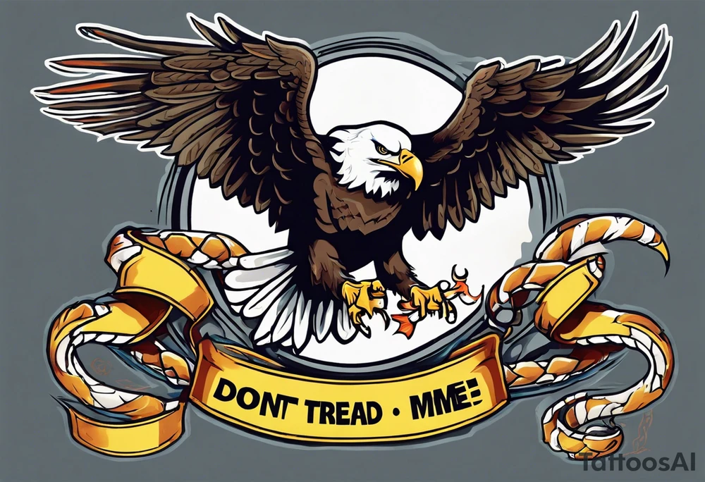 American traditional Bald Eagle carrying a snake in its talons, with a banner reading “don't tread on me” tattoo idea