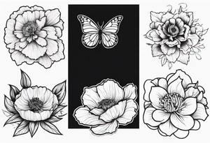 a mix of Carnation flower, Poppy flower, Lily valley flower, Larkspur flower, Aster flower snd a marigold flower with a butterfly tattoo idea