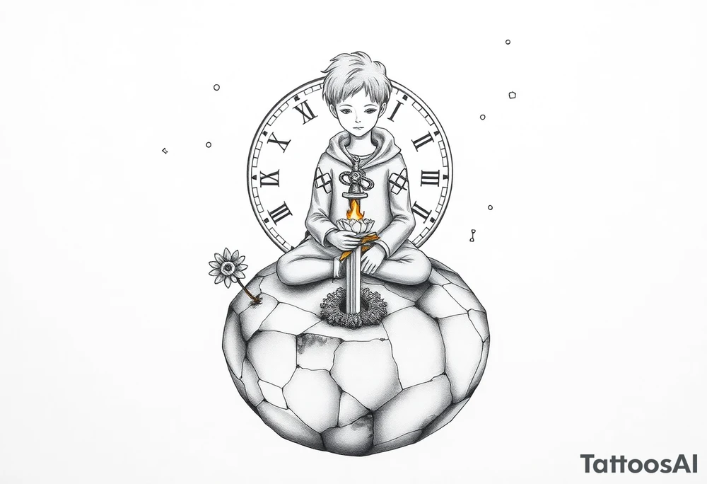 A reimagined masculine version of The Little Prince sitting on a cracked, floating planet. He has a calm, contemplative expression, wearing a slightly worn cloak with geometric markings. Behind him floats a broken clock with exposed gears, representing anxiety and overthinking. Instead of a rose, a flower wraps around a sword stuck into the ground—symbolizing love and emotional struggle. A glowing star burns in his chest, symbolizing inner strength and controlled passion. Around him are small floating fragments, like puzzle pieces or mechanical parts—representing deep thought and attention to detail. The sky shows incomplete constellations, symbolizing the search for connection and meaning. Style: fine line with surrealist touches, black and grey, minimalist shading. tattoo idea